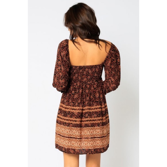 NEW! BLACK RUST SQUARE NECK PUFF SLEEVES PRINTED SMOCKED FULLY LINED DRESS! - Picture 4 of 6